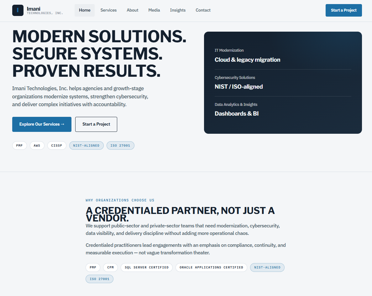Imani Technologies — a professional business website establishing a clear digital presence and an online point of contact
