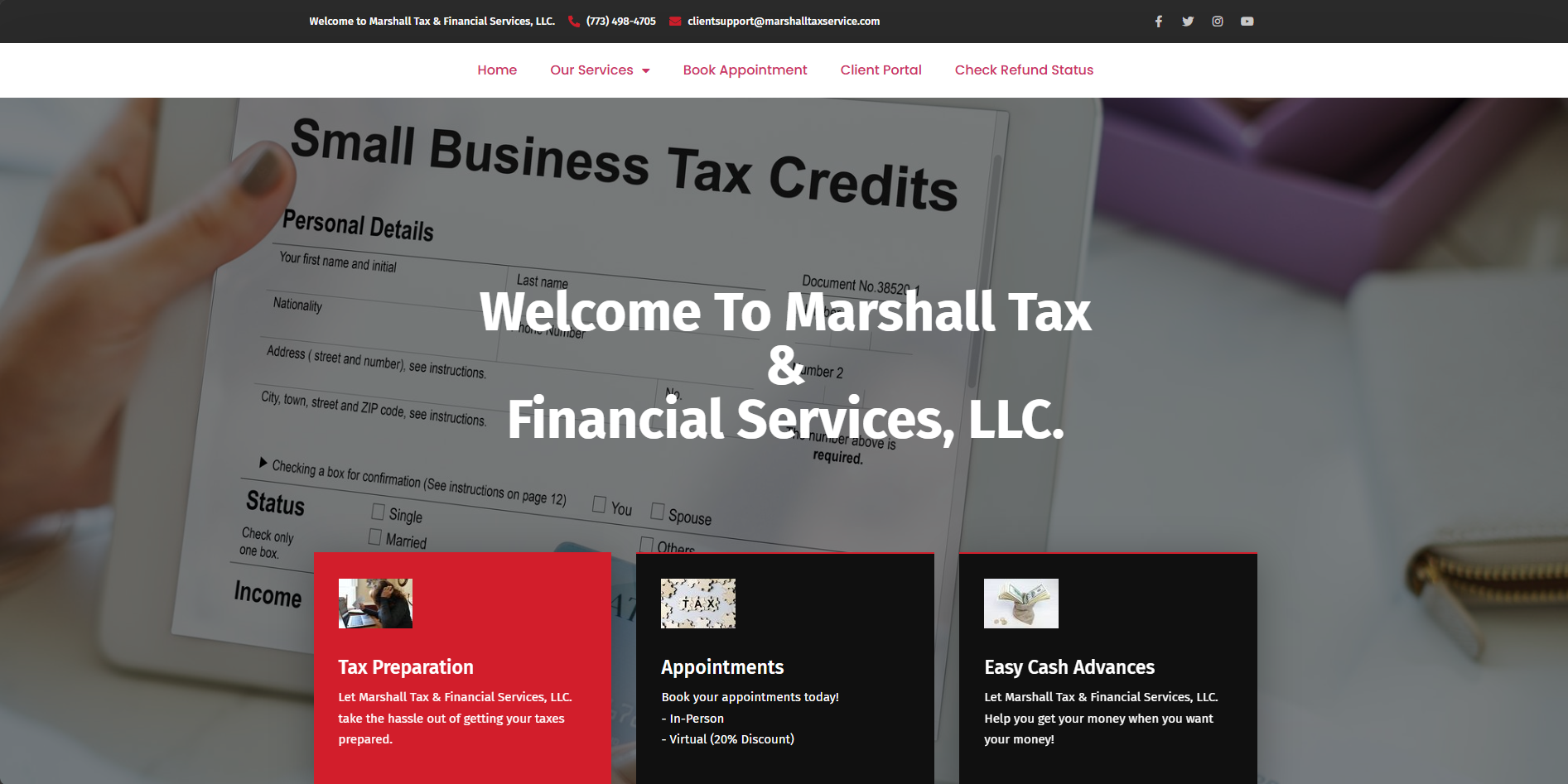 Marshall Tax & Financial Services — a tax preparation and financial services website built to help clients book appointments