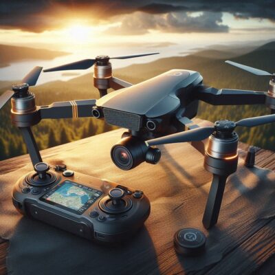 A close-up of a drone and its controller on a wooden surface during sunset. The drone features a camera, and the controller has a screen displaying a map. The background showcases a scenic view of a lake and mountains beneath a cloudy sky.
