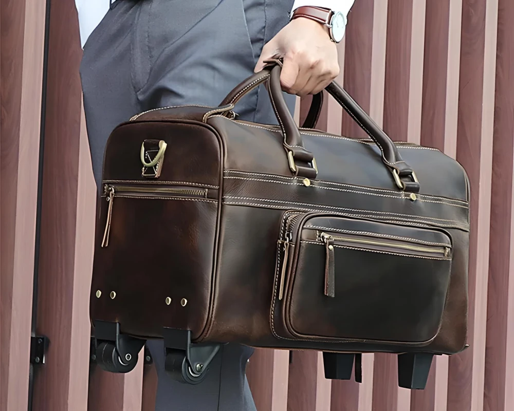 leather luggage on wheels