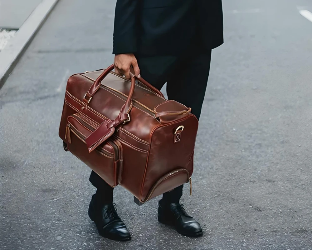 leather luggage on wheels