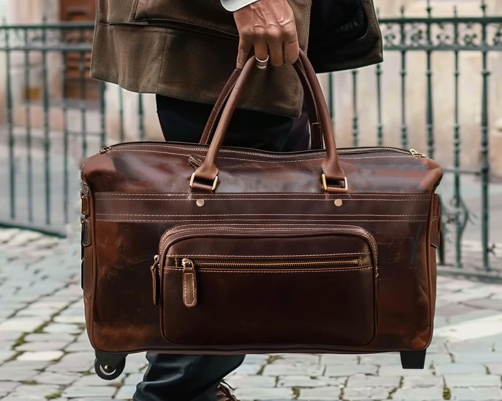 leather luggage with wheels