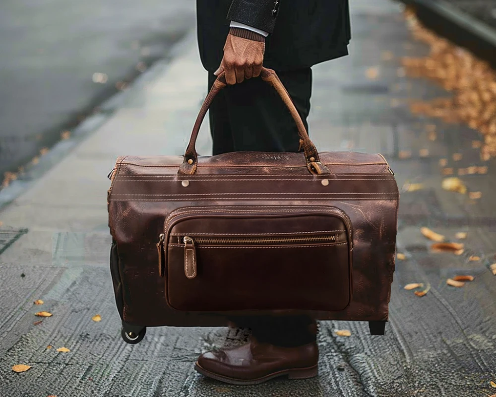 leather luggage on wheels